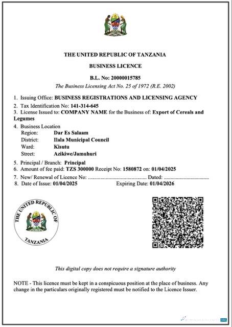 Download Tanzania business licence Word and PDF template Photoshop template